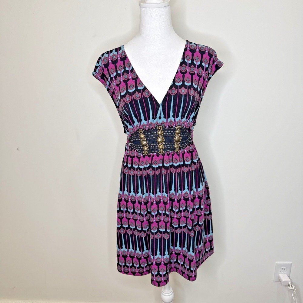 Y2K ICE Beaded Belt Tie Dress Festival Stretch V Club‎ Going Out Dark Fairy L